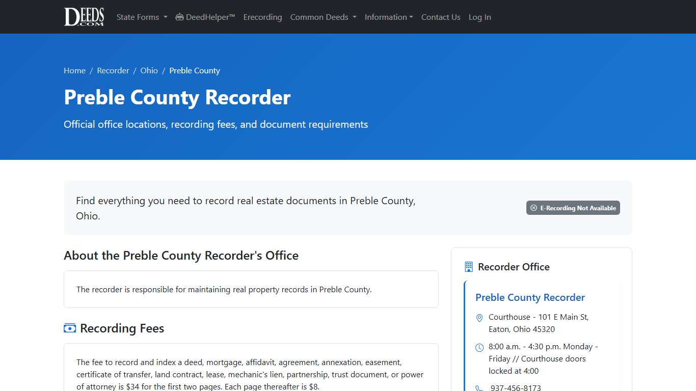 Preble County Recorder Information, Ohio - Deeds.com